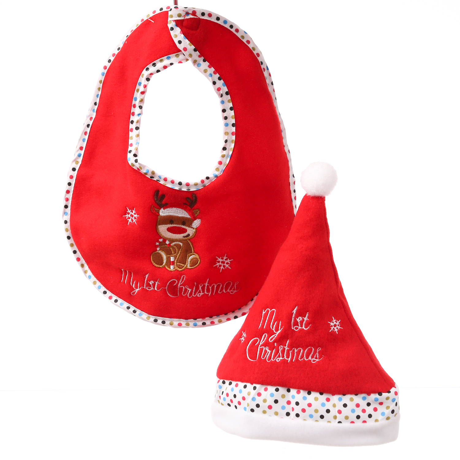 Baby Weihnachts-Geschenkset MY FIRST - Mütze und Lätzchen mit Rentier - Polyester - rot, weiß