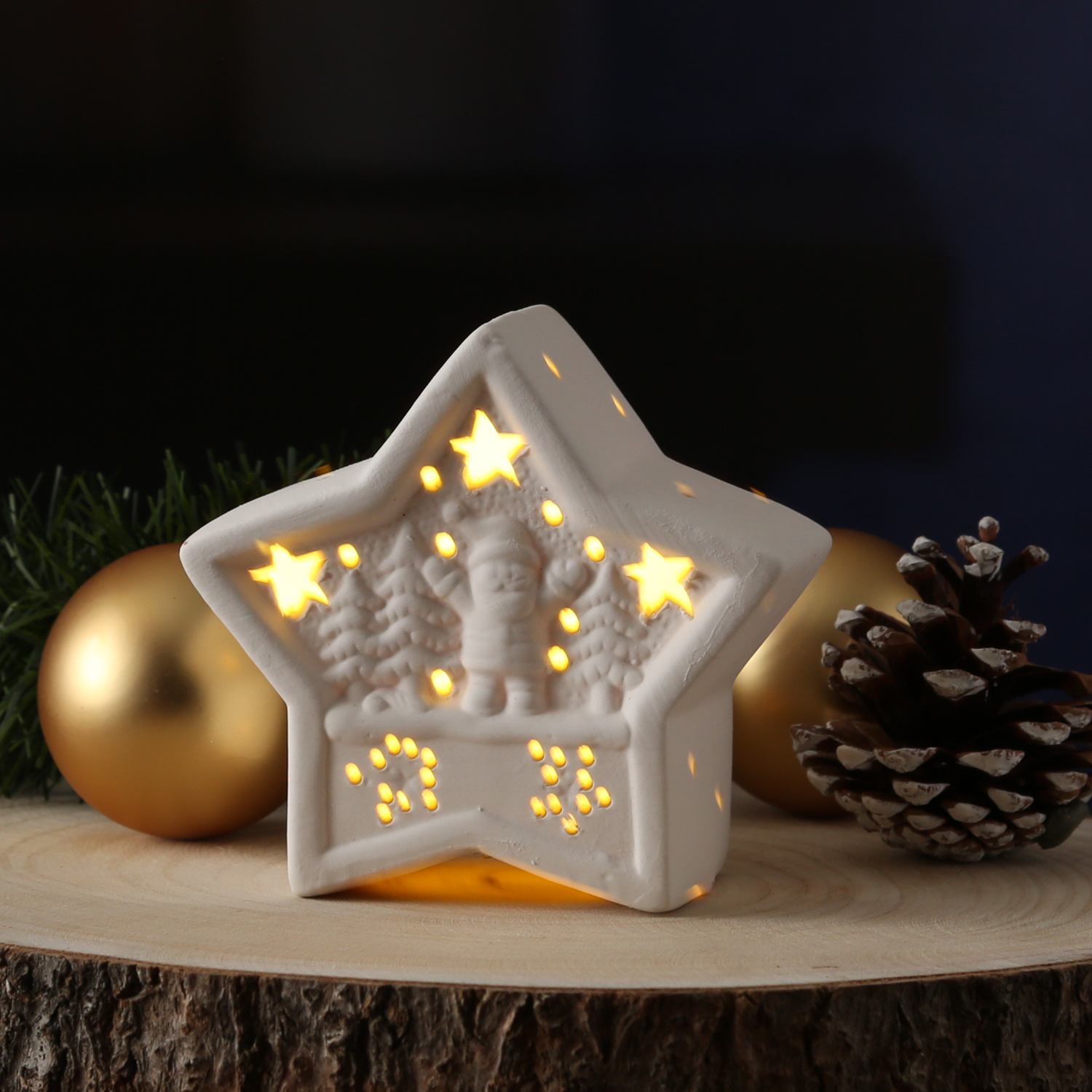 LED Dekostern NIKOLAUS - Keramik - weihnachtliches Motiv - H: 10,5cm - Batterie - weiß