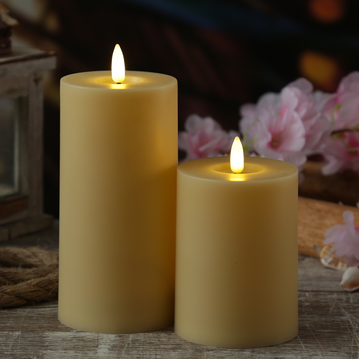 LED Stumpenkerze - Kunststoff - 3D Flamme - H: 10cm - D: 7,5cm - Timer - für Innen/Außen - creme