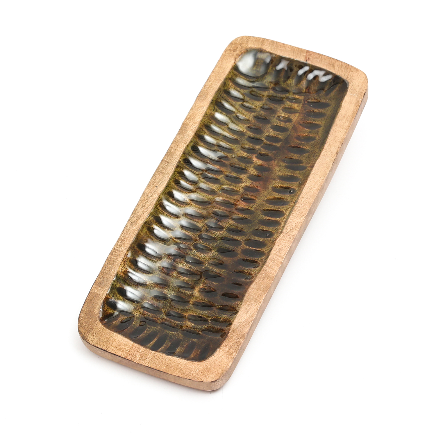 Tablett - Dekotablett - rechteckig - Mangoholz - emailliert - L: 35cm - H: 2,7cm - natur, grün