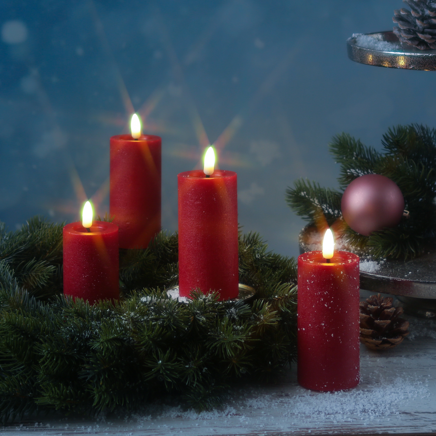 LED Kerzenset LINA - Rustik-Optik - Echtwachs - H: 12,5cm - D: 5cm - Timer - rot - 4er Set