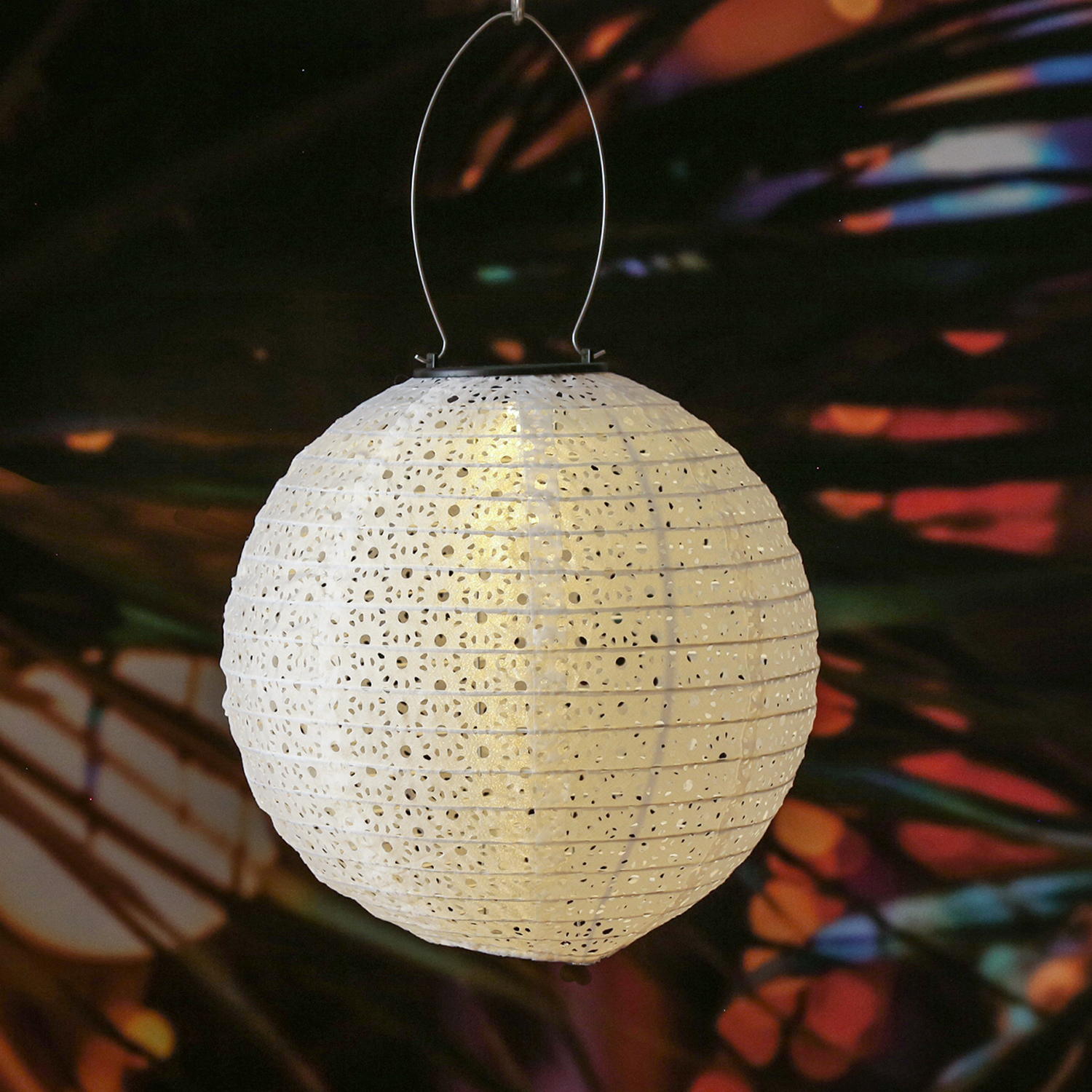 LED Solar Lampion - mit Blumenmuster - D: 25cm/30cm - Lichtsensor - weiß - 2er Set