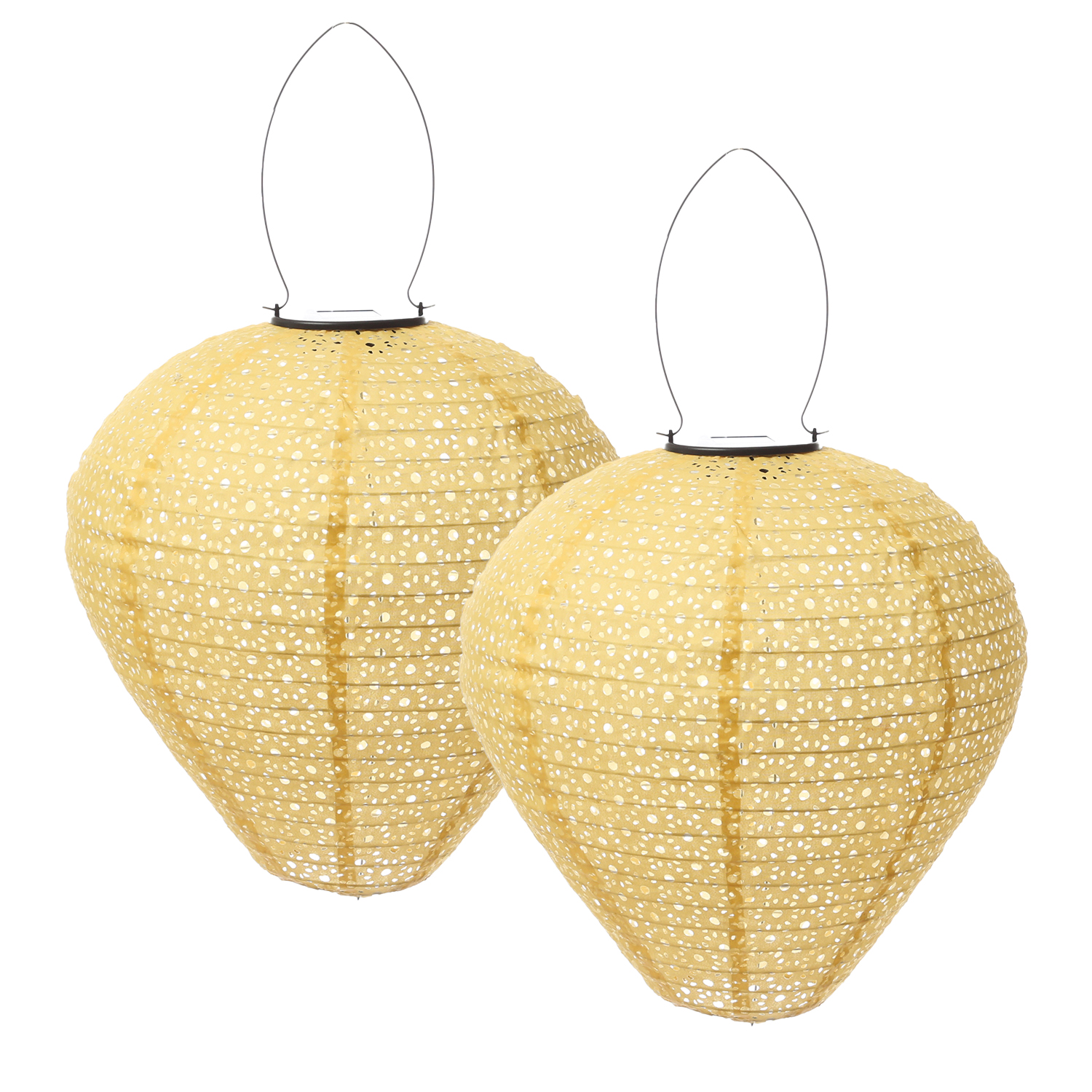 LED Solar Lampion Ballon - mit Blumenmuster - H: 30cm - D: 30cm - Lichtsensor - gelb - 2er Set