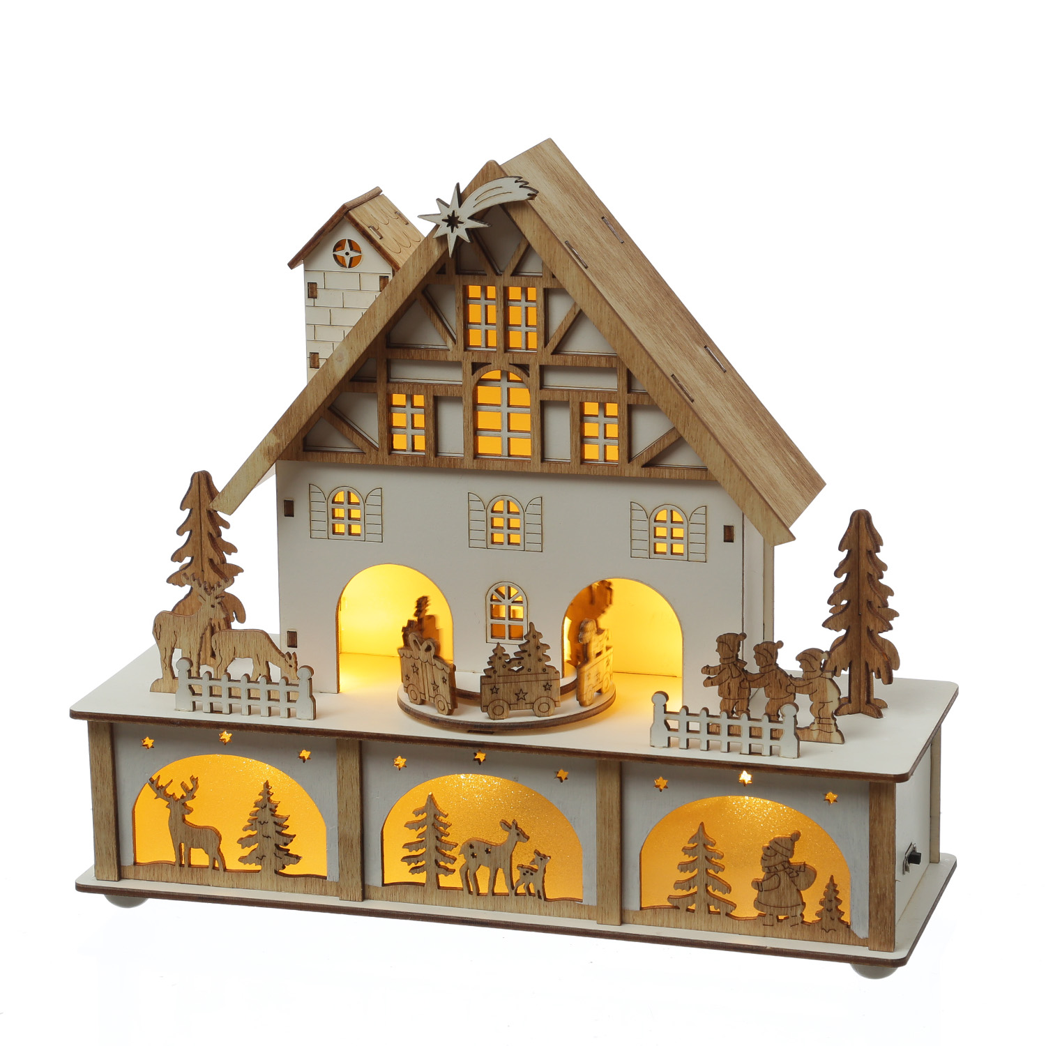 LED Weihnachtshaus mit Musik und drehendem Karussell - beleuchtete Weihnachtsszene - H: 25cm