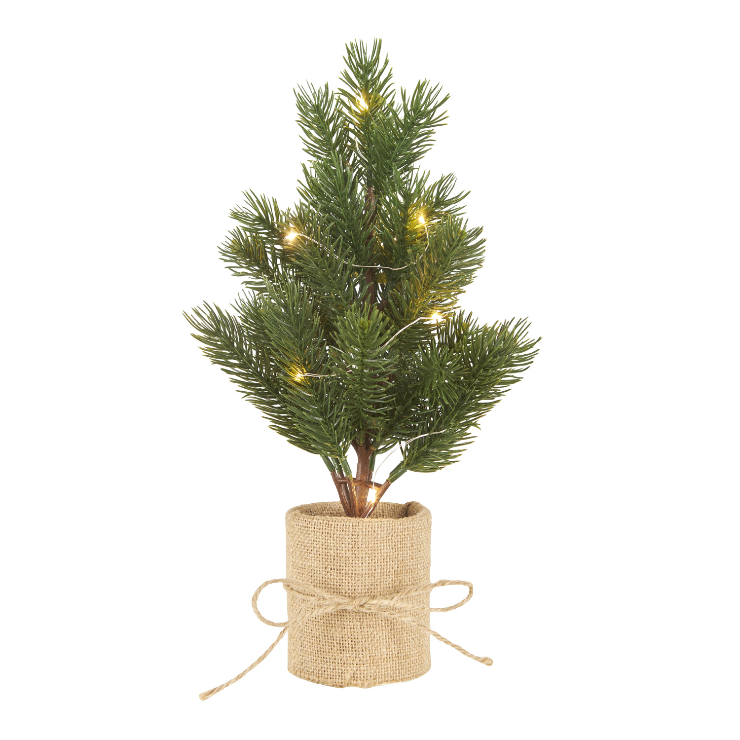 LED Tannenbaum im Jutesack - stehend - 8 warmweiße LED - H: 35cm - Timer - Batterie - grün
