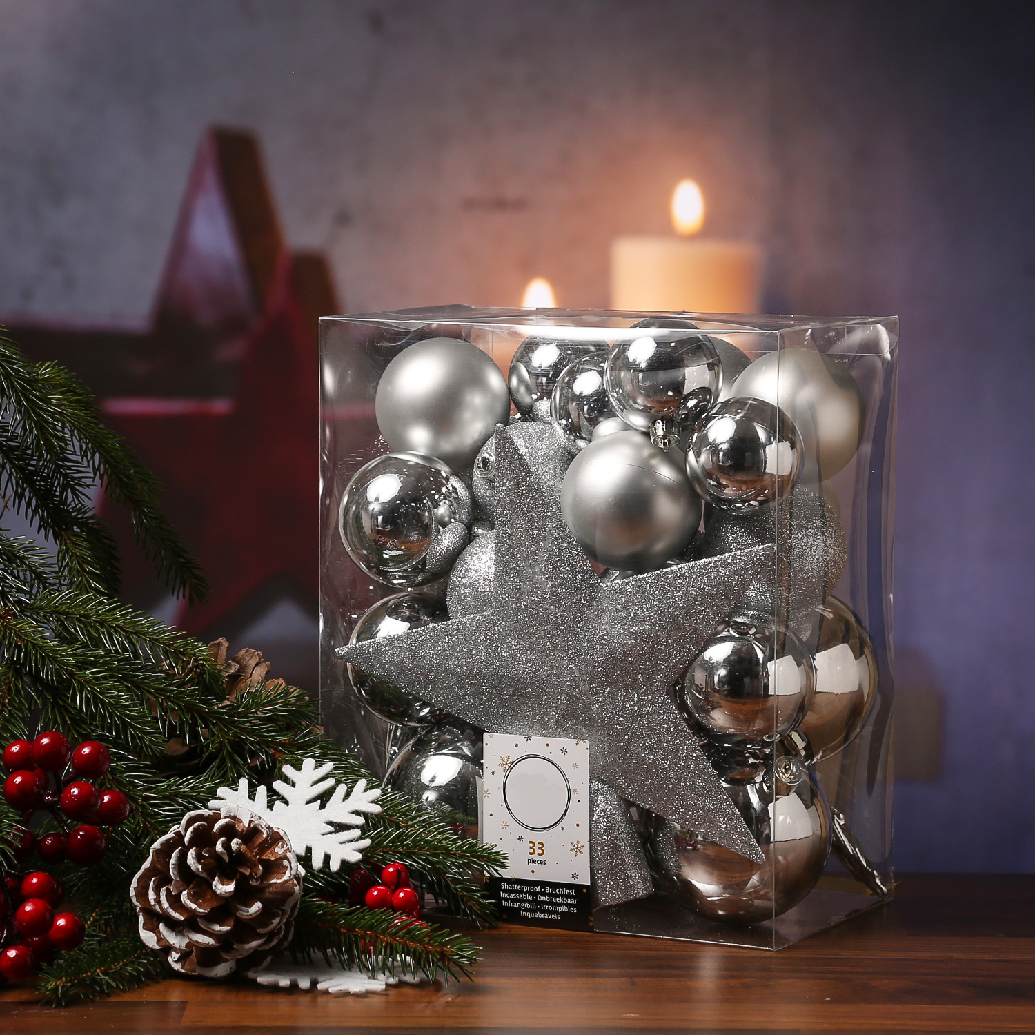 Christbaumkugel - Weihnachtsbaumkugel - bruchfest - glänzend, matt und glitzernd - silber - 33er Set Christbaumkugel - Weihnachtsbaumkugel - bruchfest - glänzend, matt und glitzernd - silber - 33er Set