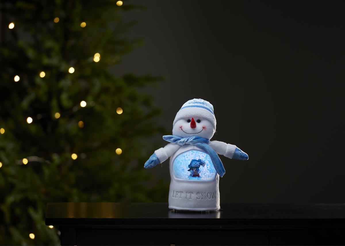 LED Stoff-Figur Schneemann - Schneekugel mit Sensor - 1 warmweiße LED - H: 26cm - Batteriebetrieb