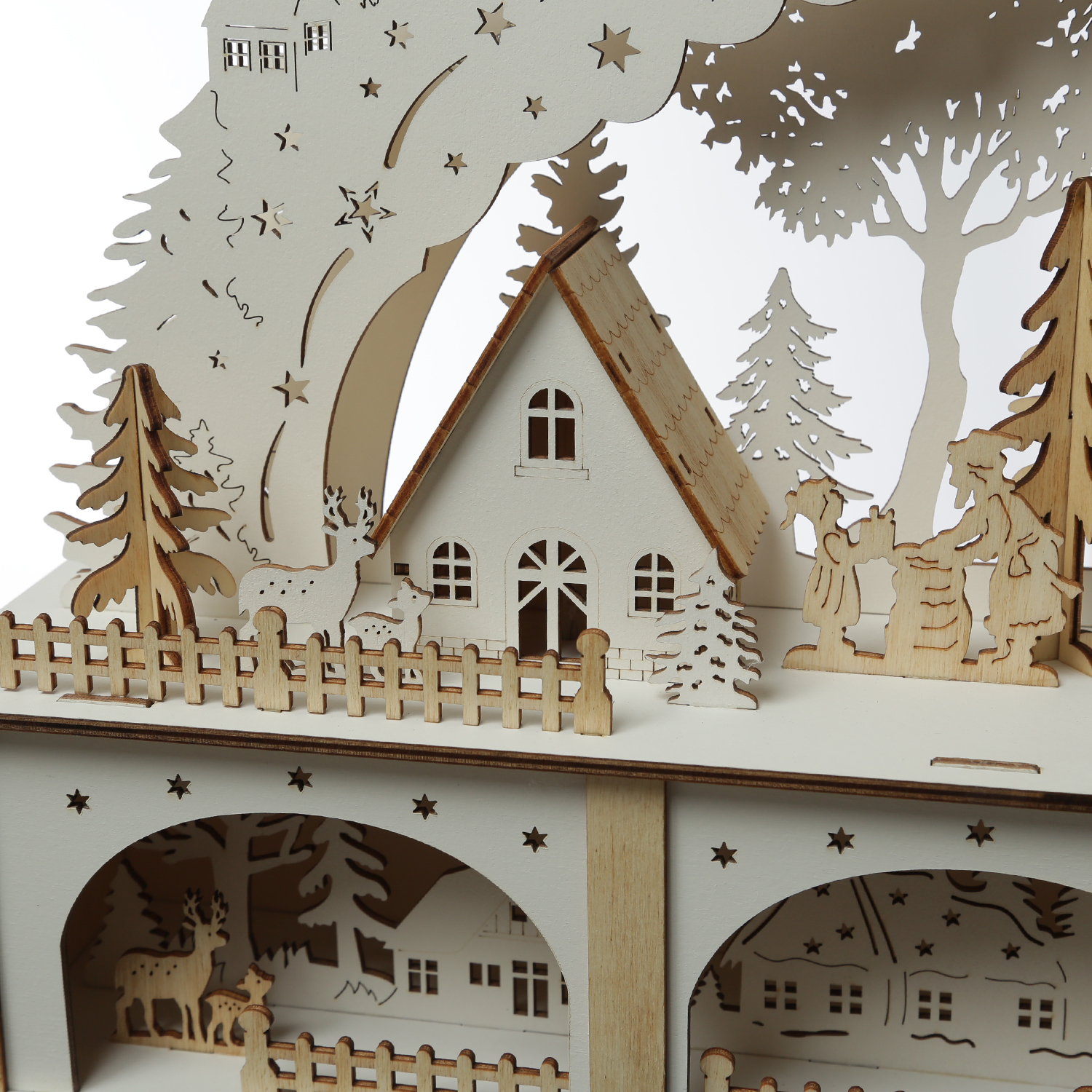 LED Schwibbogen Weihnachtsdorf - Lichterbogen - 10 LED - H: 33,5cm - 2stöckig - Timer - Batterie