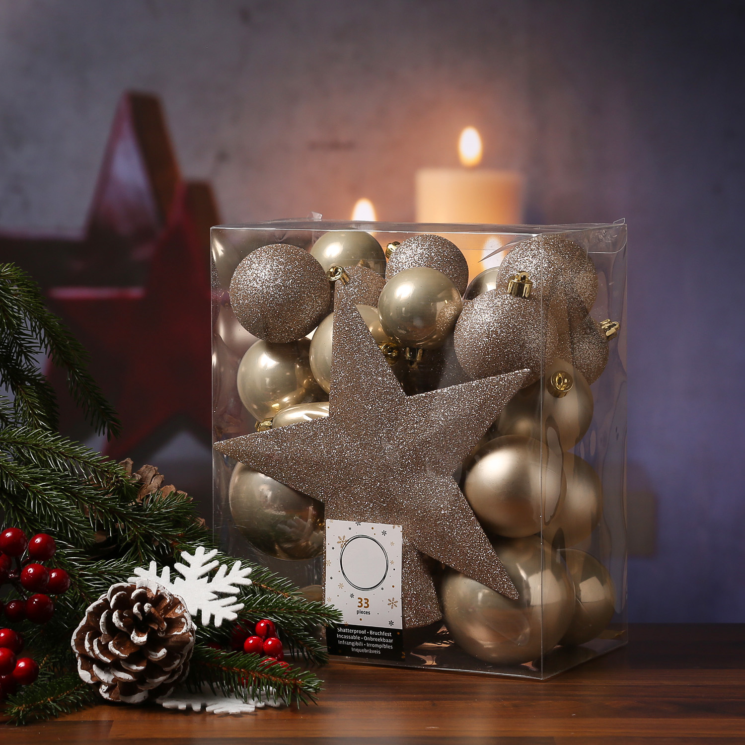 Christbaumkugel - Weihnachtsbaumkugel - bruchfest - glänzend matt glitzernd - champagner - 33er Set