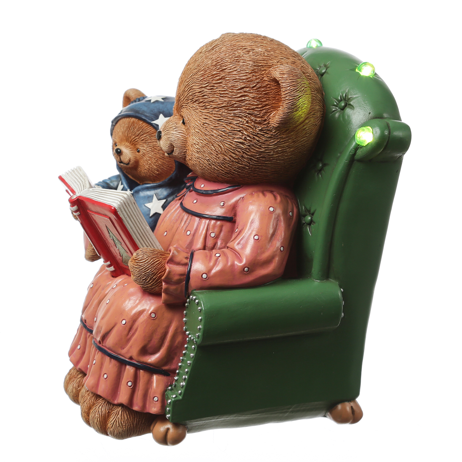 LED Bär mit Teddybär im Sessel mit Buch - Dekofigur - Polyresin - H: 22cm - Batterie - Timer