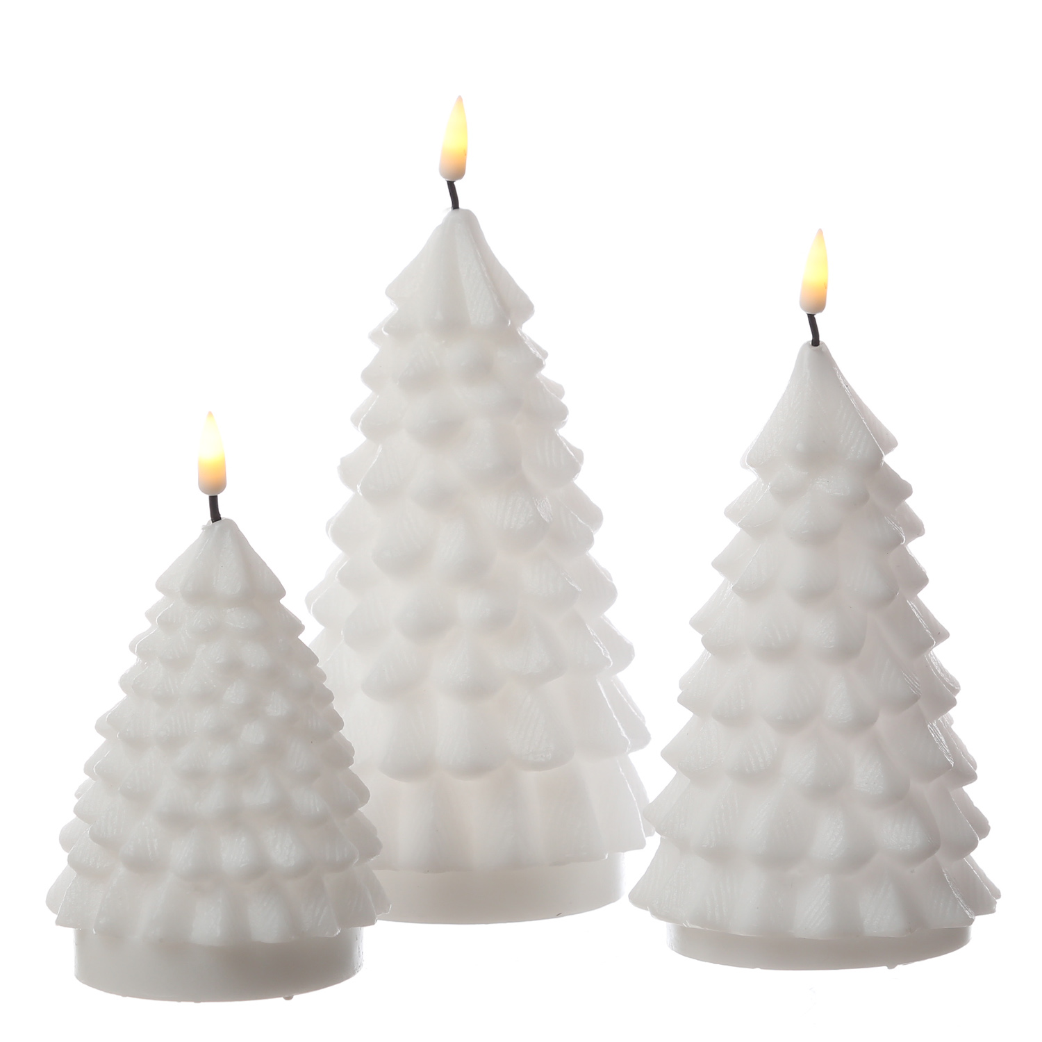 LED Kerze Tannenbaum - Echtwachs - flackernde 3D Flamme - H: 11cm - D: 8cm - weiß