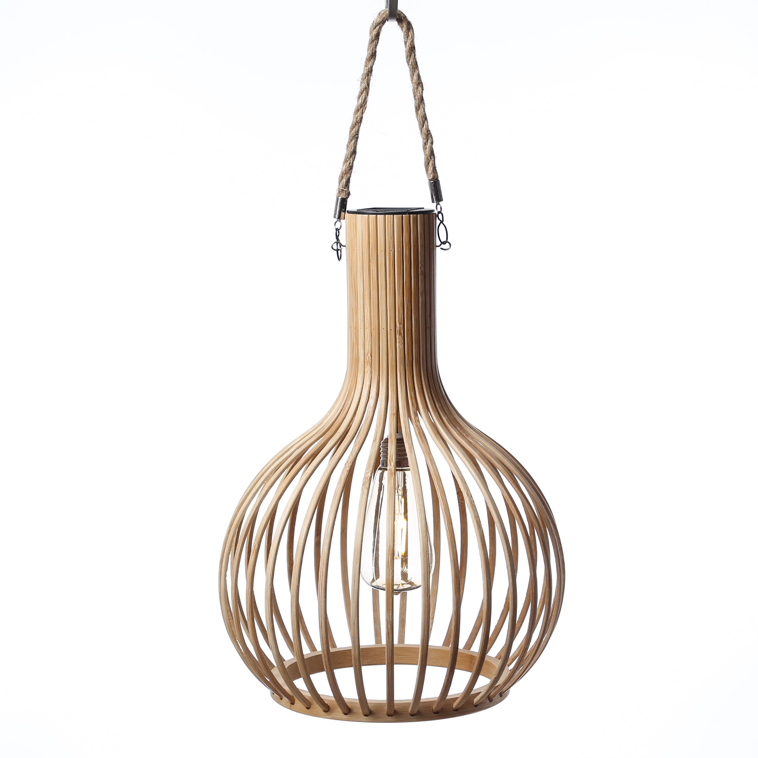 LED Solar Hängeleuchte - Bambus - 1 warmweiße LED - H: 40cm - D: 28cm - für Außen - natur