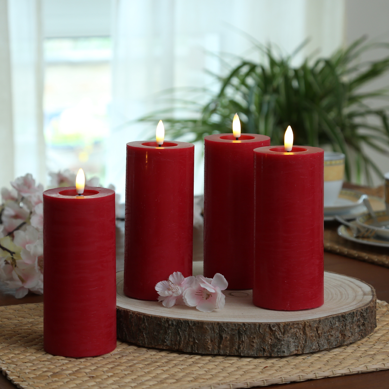 LED Kerzenset Flamme - Echtwachs - 3D Flamme - H: 15cm - Timer - Batteriebetrieb - rot