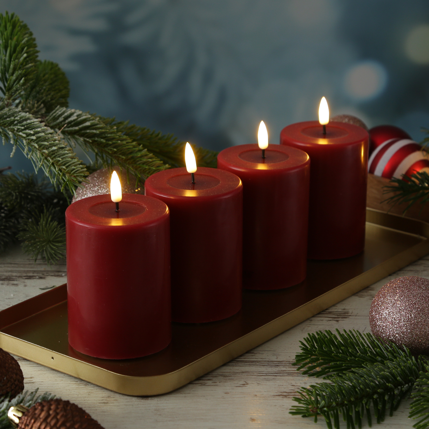 LED Kerzenset MIA - Echtwachs - H: 10cm/D: 7,5cm - mit Batt./Fernbedienung - bordeauxrot - 4er Set