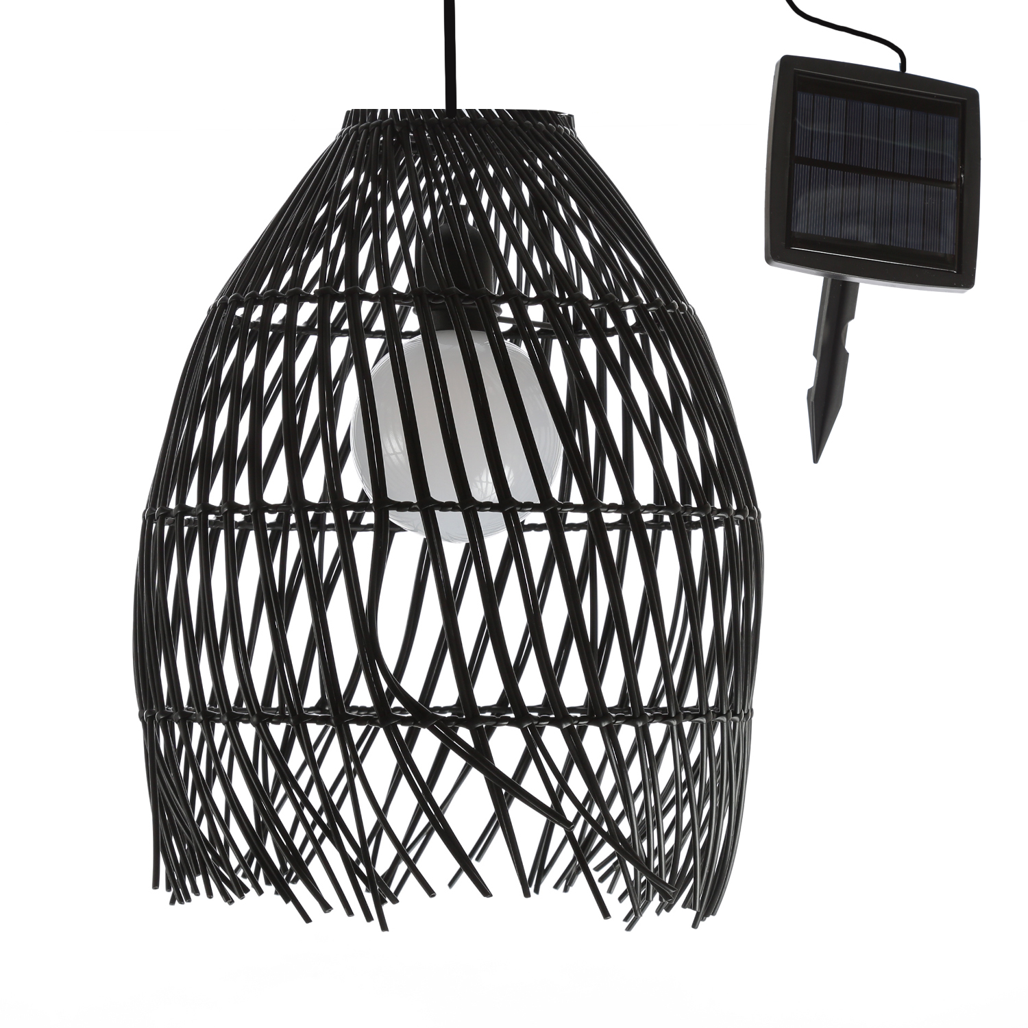 LED Solar Haengeleuchte BOHO - Lampenschirm in Korboptik - warmweiss - H- 36cm - Lichtsensor - schwarz