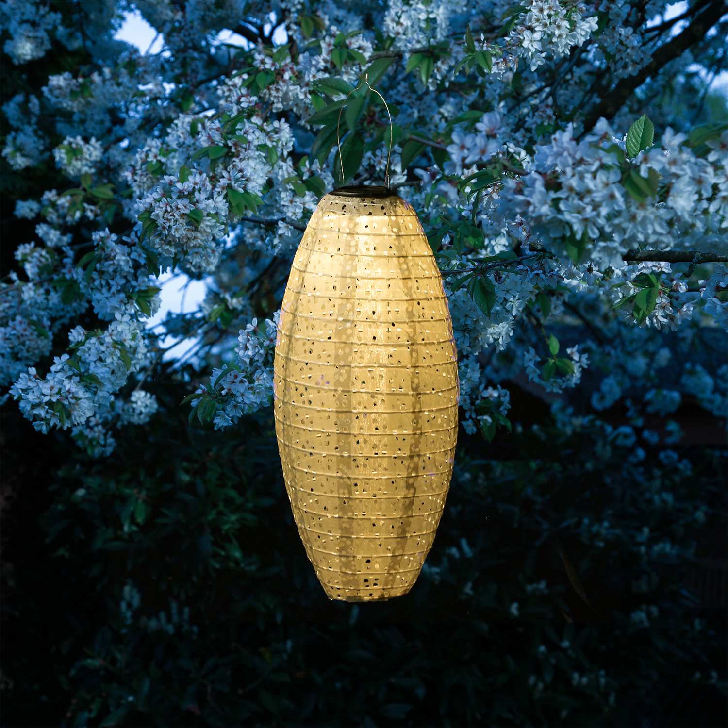 LED Solar Lampion oval - mit Blumenmuster - warmweiße LED - H: 40cm - D: 20cm - Lichtsensor - beige