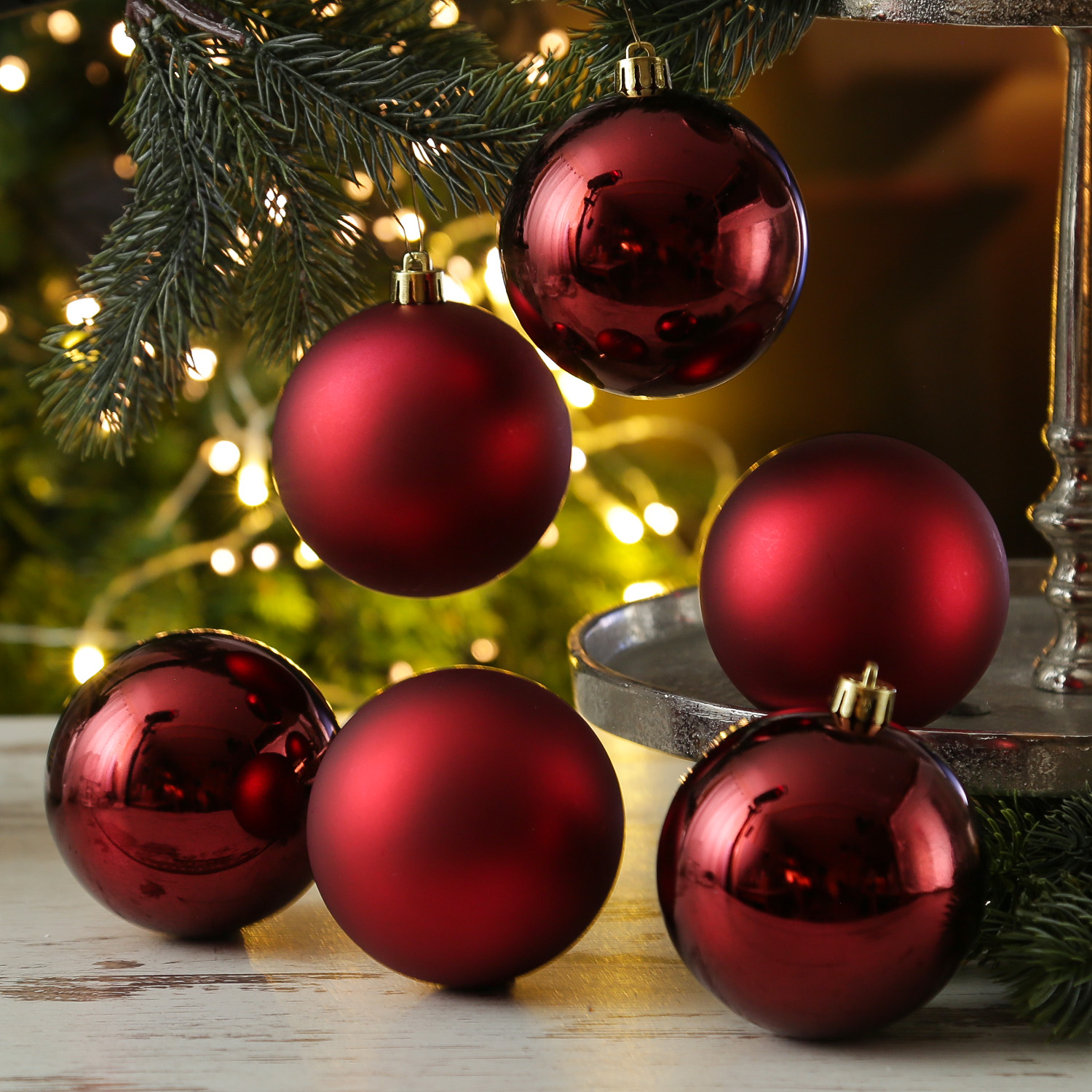 Christbaumkugeln - Weihnachtbaumskugeln - bruchfest - D: 8cm - glänzend/matt  - weinrot - 6er Set