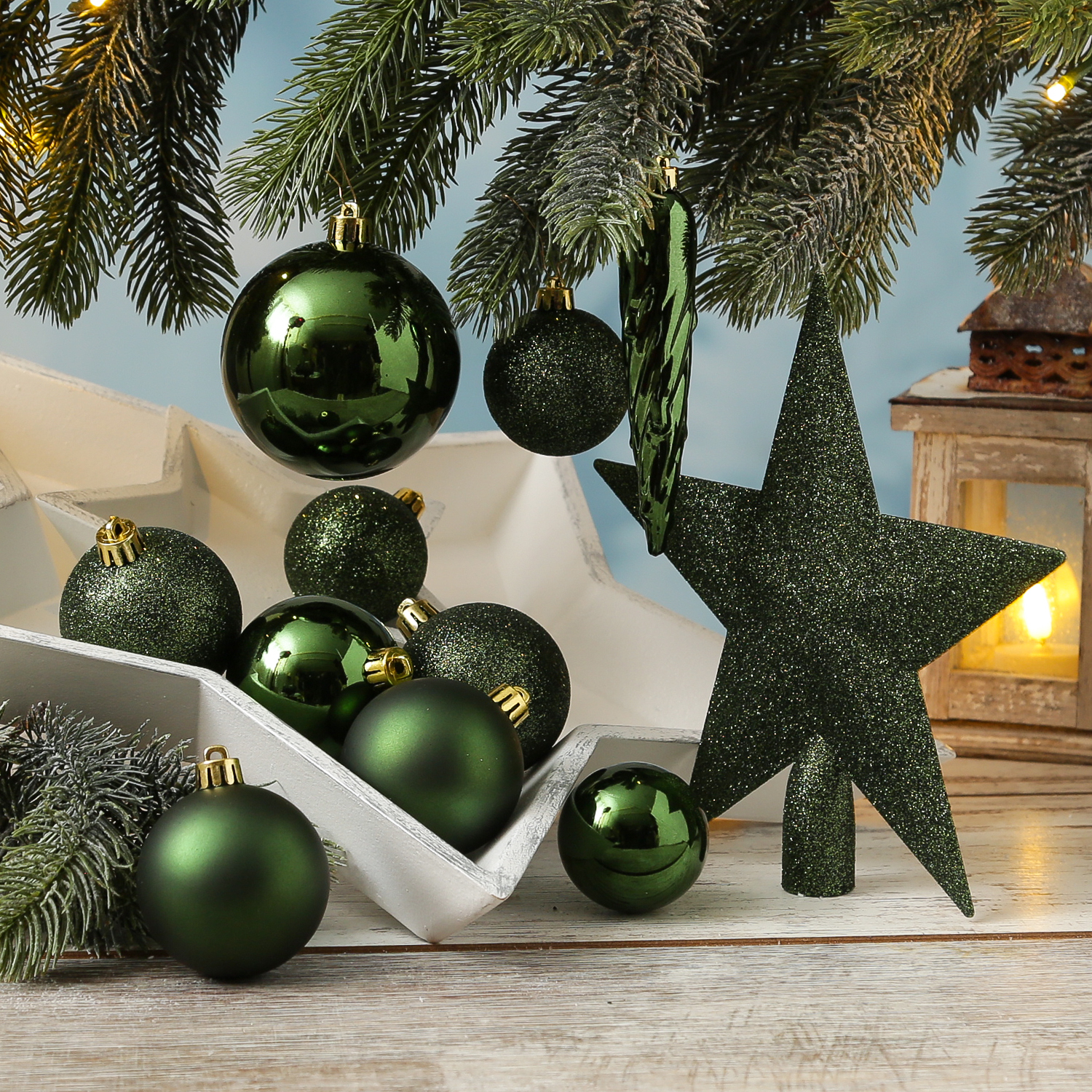 Christbaumkugel - Weihnachtsbaumkugel - bruchfest - glänzend matt glitzernd - grün - 33er Set