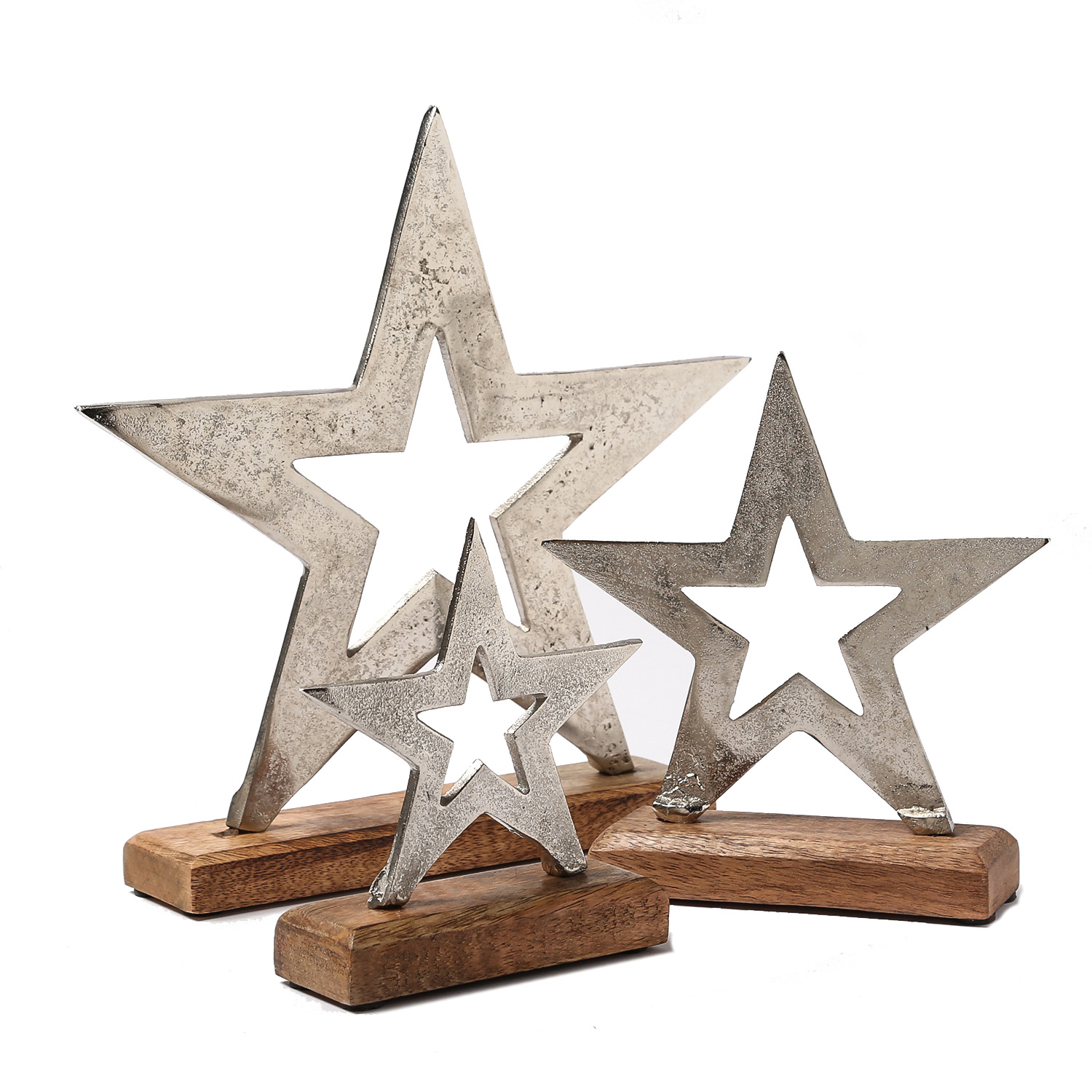 Dekostern aus Aluminium - stehend - Mangoholzsockel - 28,7cm, 20cm, 15,5cm - natur, silber - 3er Set