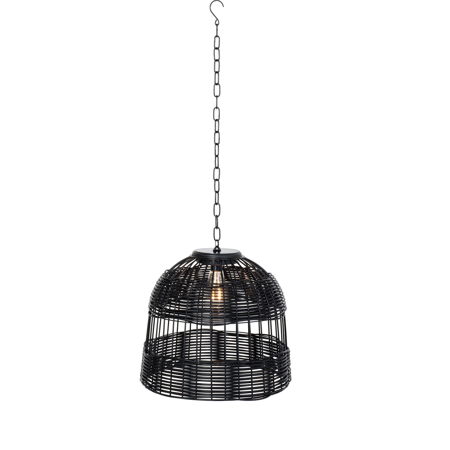 LED Solar Hängeleuchte - Lampenschirm in Korboptik - warmweiße LED - D: 36,5cm - Sensor - schwarz