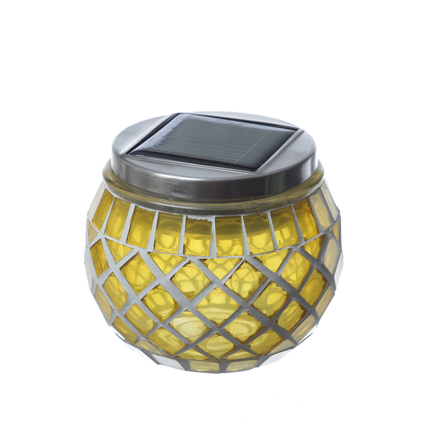 LED Solar Windlicht - Mosaik Solarglas - kaltweiße LED - Lichtsensor - H: 9cm - für Außen - gelb