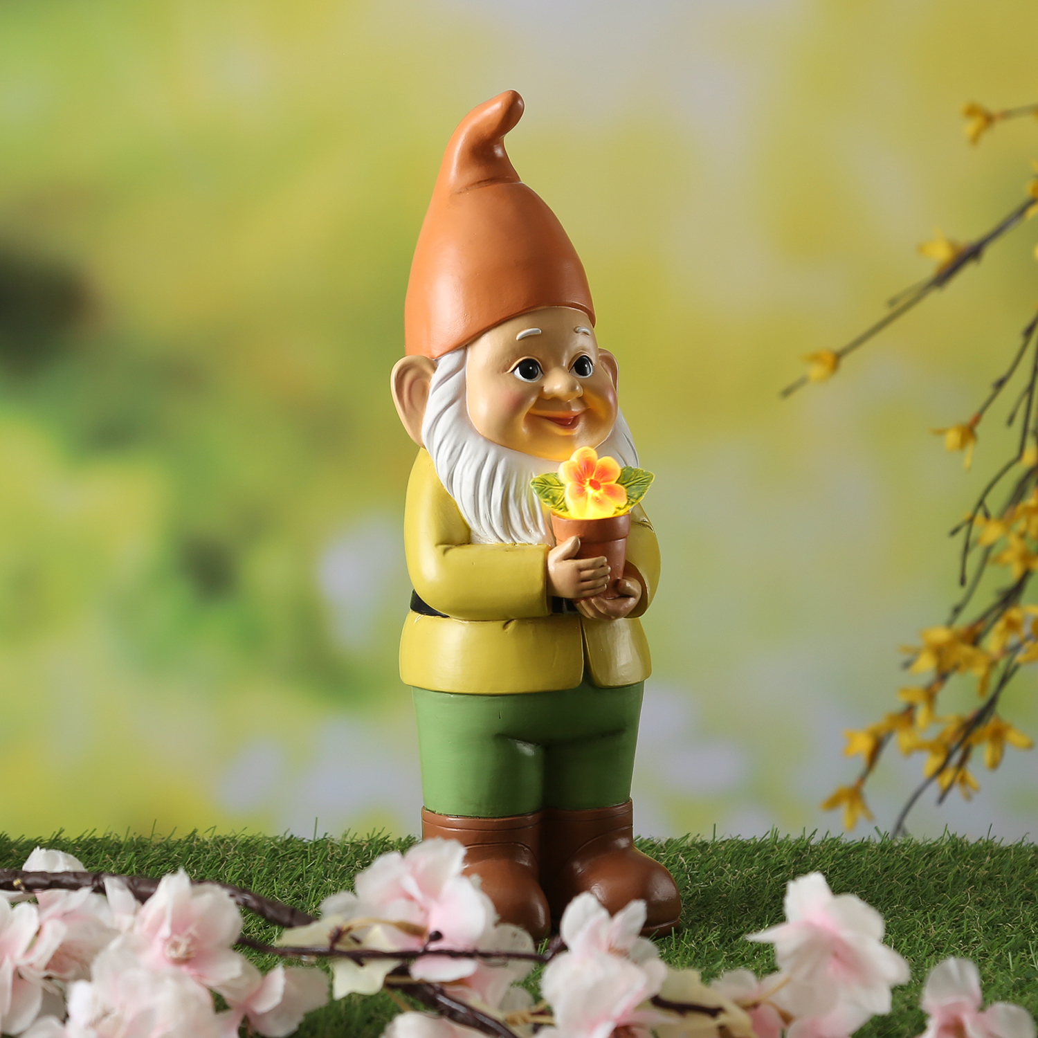 LED Solar Gartenzwerg mit Blume - Gartenfigur - warmweiße LED - Lichtsensor - H: 28,5cm