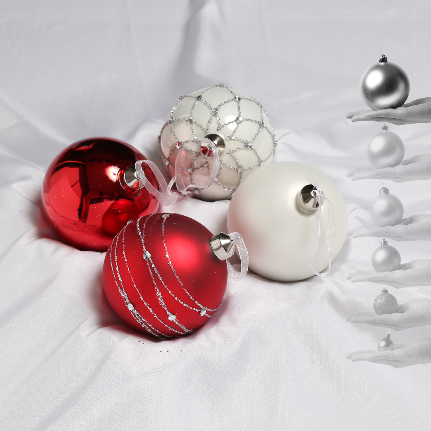 Christbaumkugel - Weihnachtsbaumkugel - Glas - D: 10cm - glänzend und matt - rot, weiß - 4er Set