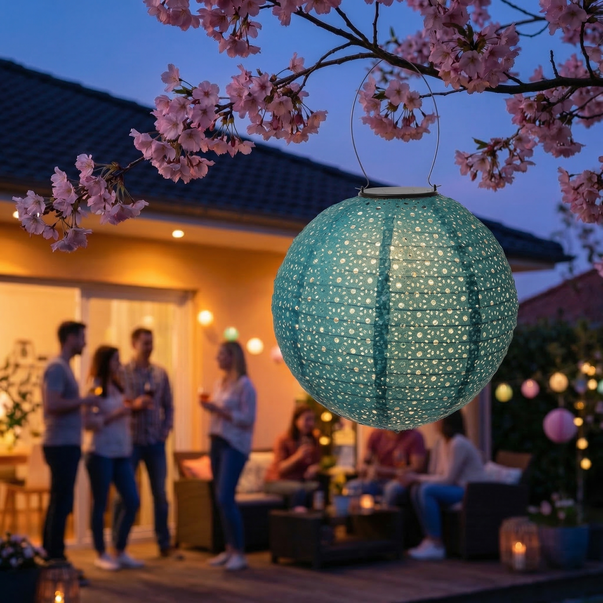LED Solar Lampions mit Blumenmuster - oval/rund/Ballonform - Lichtsensor - blau - 3er Set