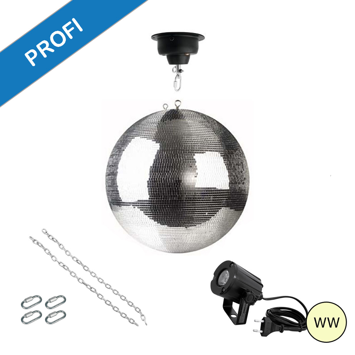 Spiegelkugel Komplettset - Discokugel, Motor, Pinspot, Montagematerial für Diskokugel - Mirrorball Set - Partyset