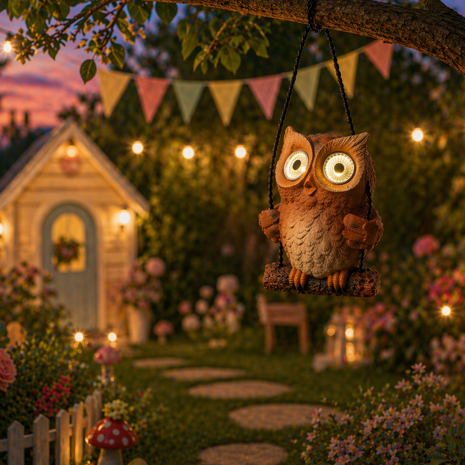 LED Solar Eule auf Schaukel - Gartenfigur mit leuchtenden Augen - H: 19cm - Lichtsensor