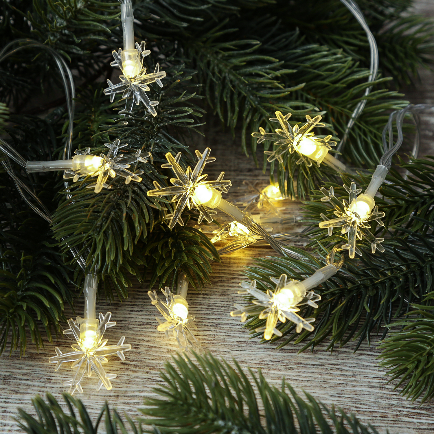 LED Lichterkette Schneeflocken - 10 warmweiße LED - L: 2m - Timer - Batteriebetrieb