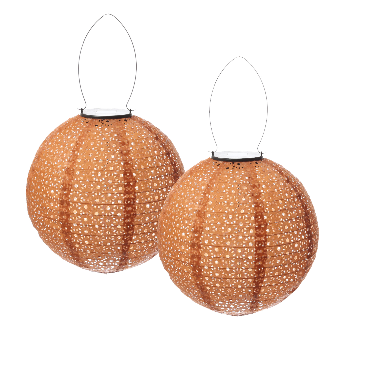 LED Solar Lampion - mit Blumenmuster - warmweiß - H: 25cm - D: 25cm - Lichtsensor - braun - 2er Set