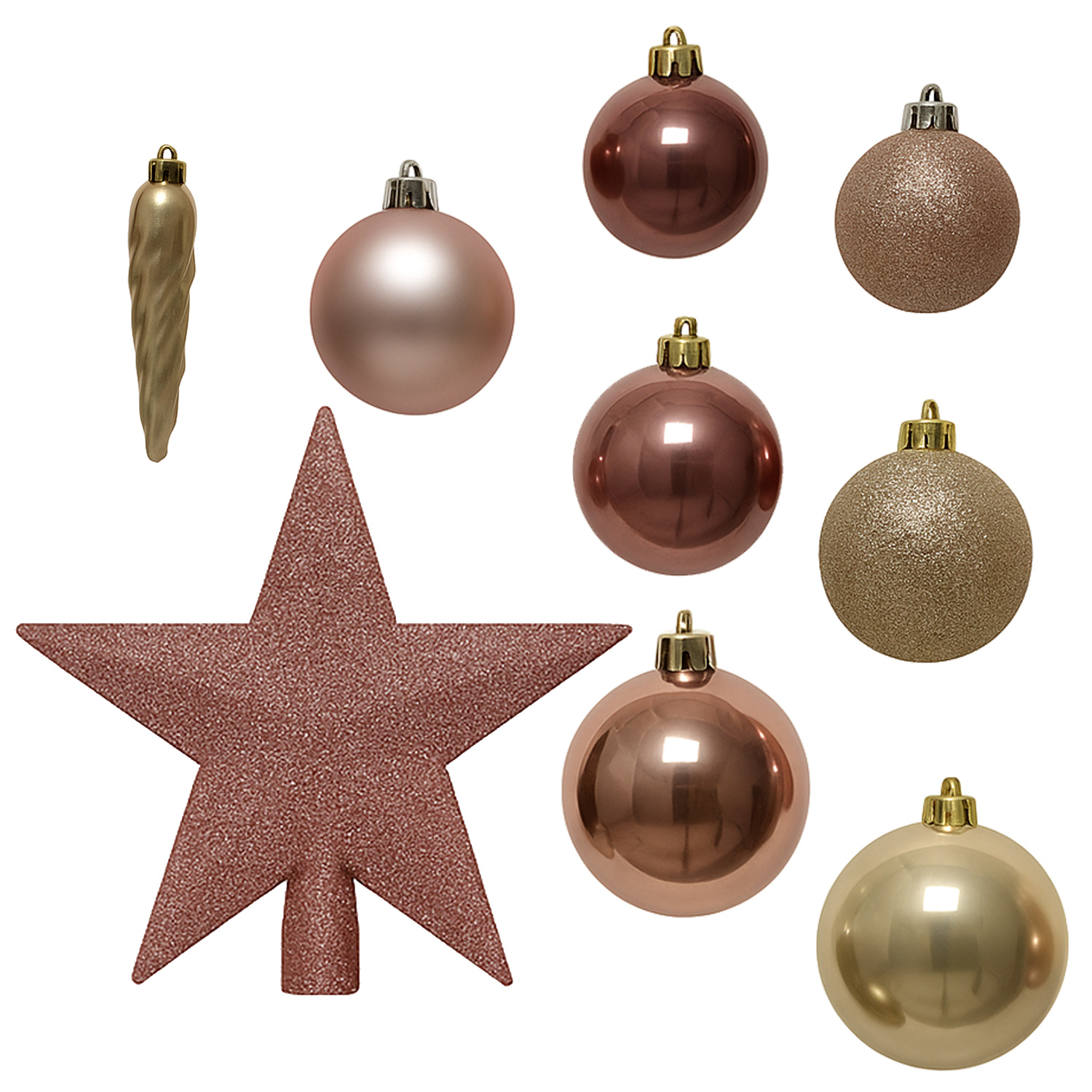 Christbaumkugeln - Weihnachtsbaumkugeln mit Stern Baumspitze - bruchfest - creme rosa - 33er Set