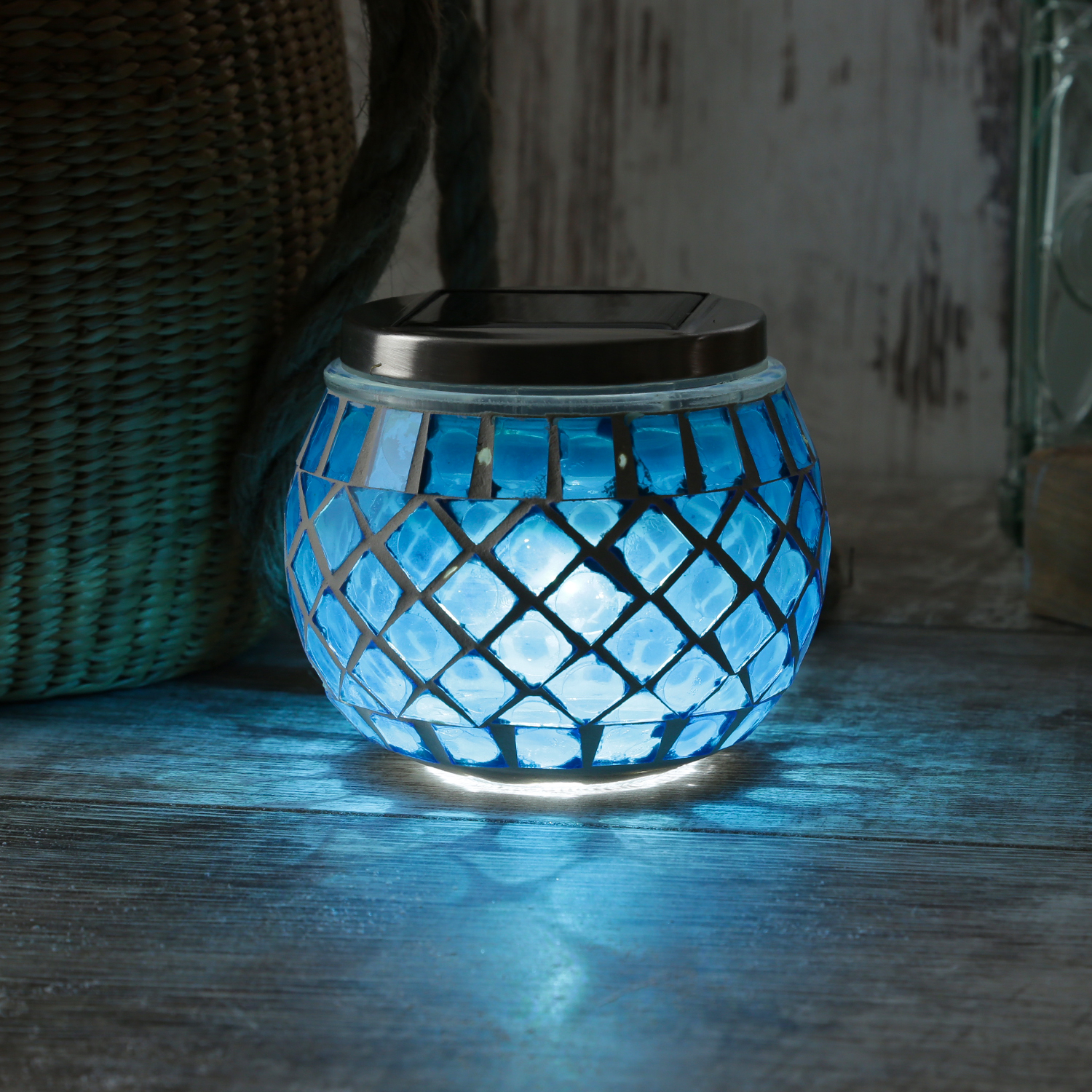 LED Solar Windlicht - Mosaik Solarglas - kaltweiße LED - Lichtsensor - H: 9cm - für Außen - blau