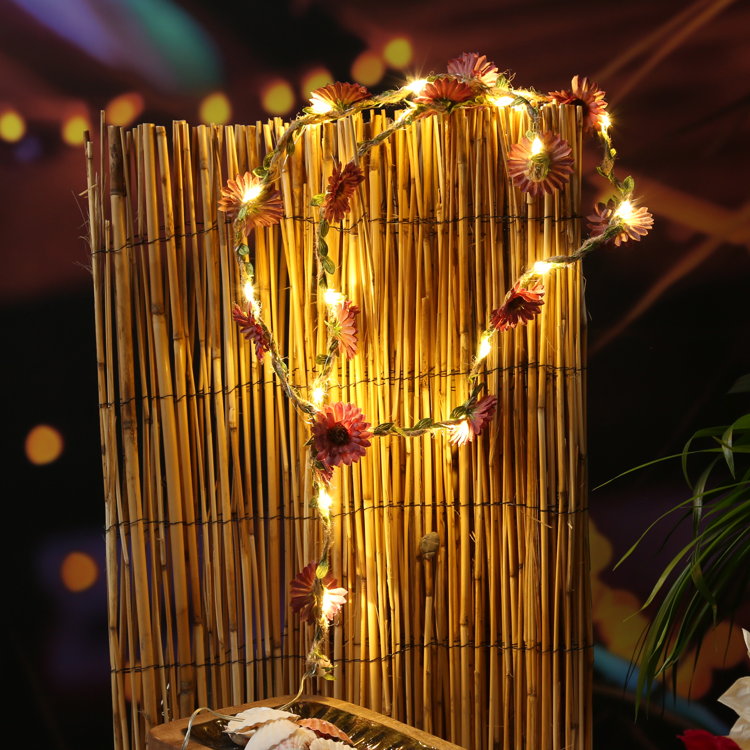 LED Lichterkette Blumen - 20 warmweiße LED - Batterie - Timer - L: 1,45m - für Außen - rot/lila