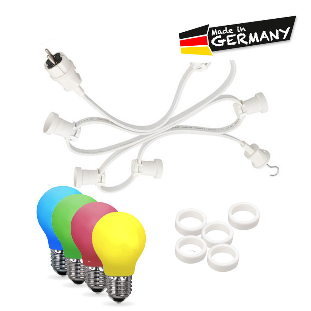 Illu-/Partylichterkette 5m | Außenlichterkette weiß | Made in Germany | 5 x bunte LED Tropfenlampe