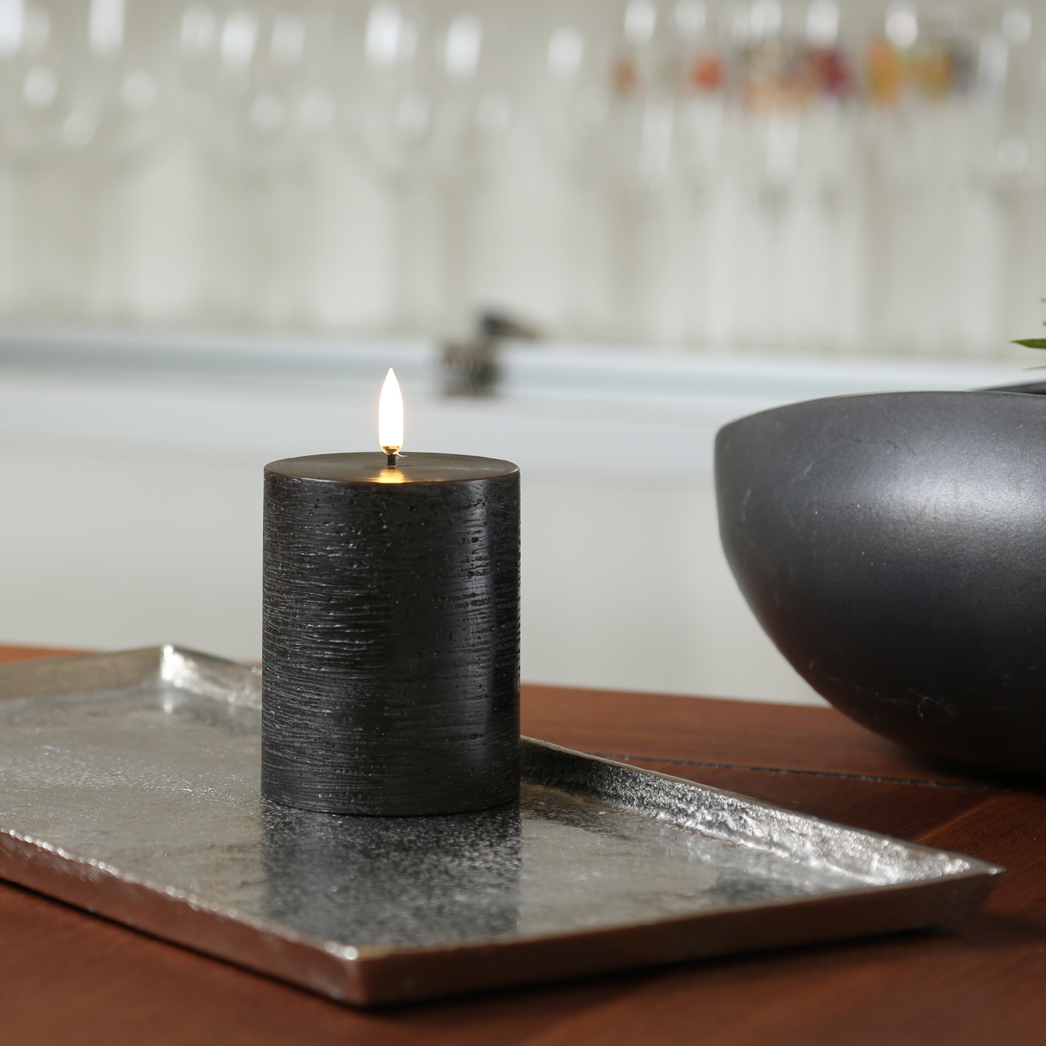 LED Kerze in Marmoroptik - Zement/Wachs - natürliche 3D Flamme - Timer - H: 8,5cm - D: 9cm