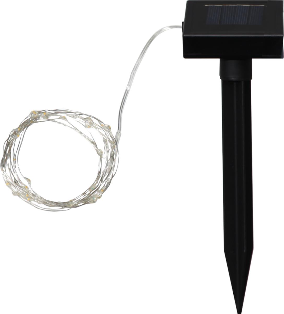 LED-Solar-Lichterkette mit 50 warmweißen LEDs an silbernem Draht - 5m - Dämmerungssensor