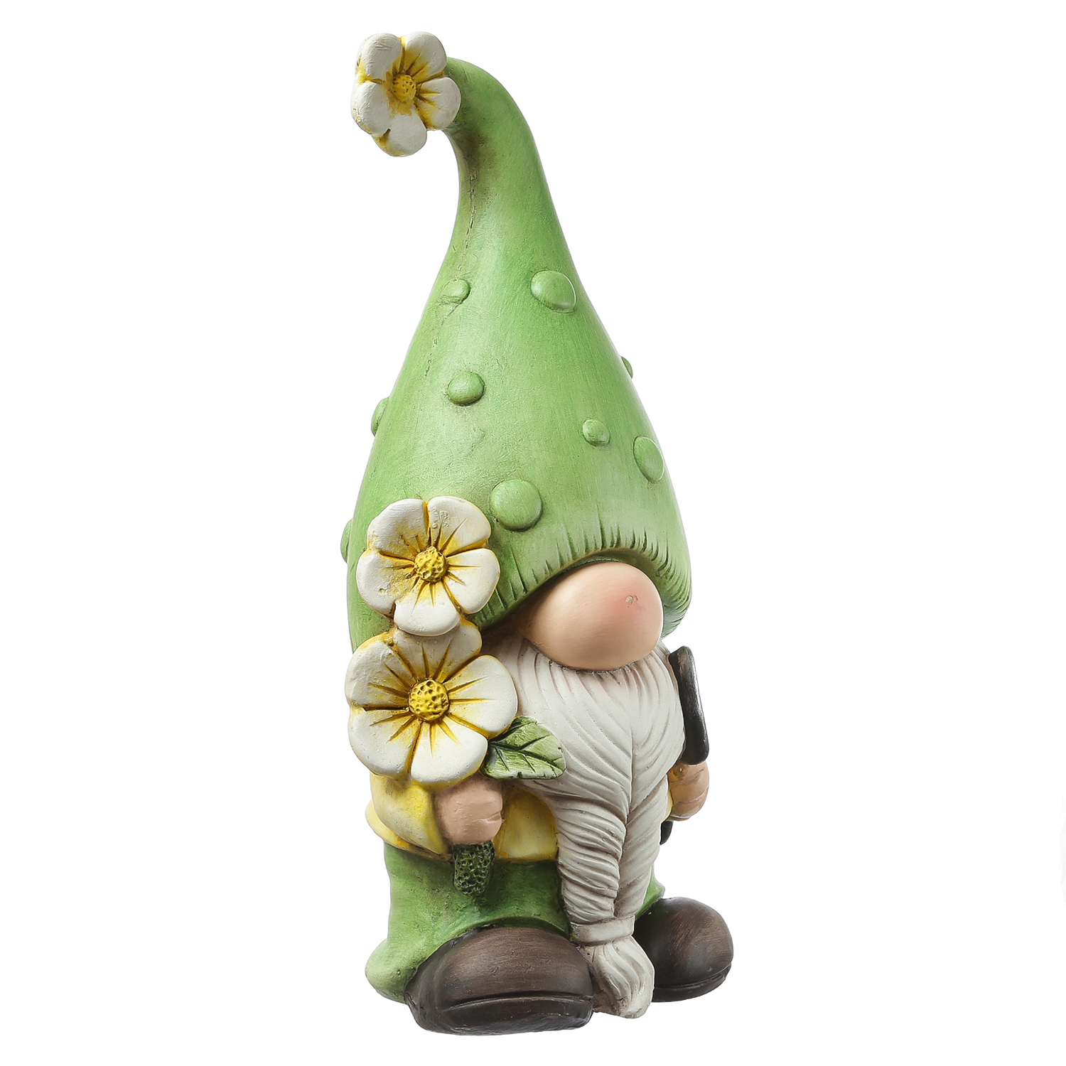 Gartenzwerg DAVID - Zwerg mit Spaten und Blumen - Gartenfigur - Polyresin - H: 45cm - grün