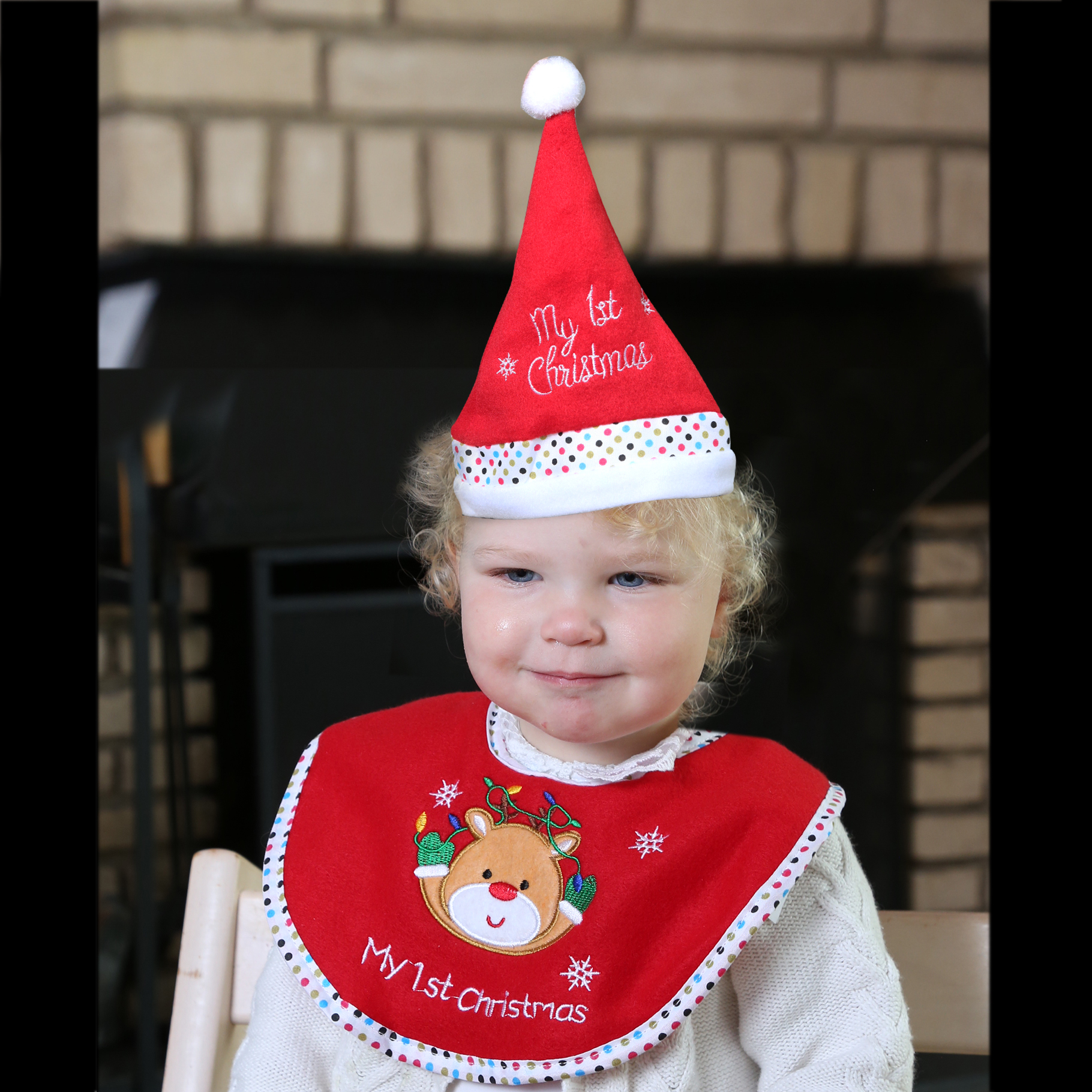 Baby Weihnachts-Geschenkset MY FIRST - Mütze und Lätzchen mit Rentierkopf - Polyester - rot, weiß