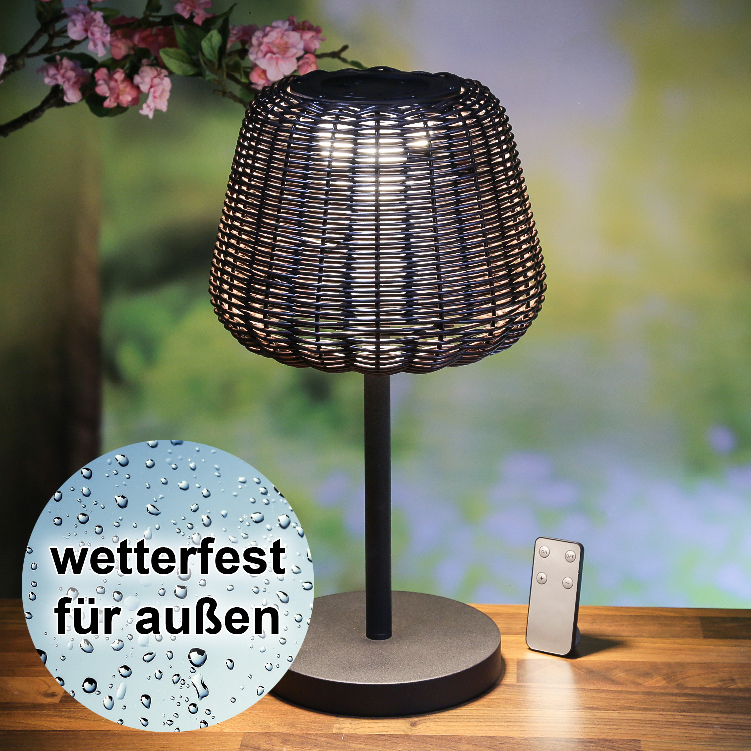 LED Garten Tischleuchte - in Rattanoptik - H 45cm - dimmbar - aufladbar - mit Fernbedienung - braun