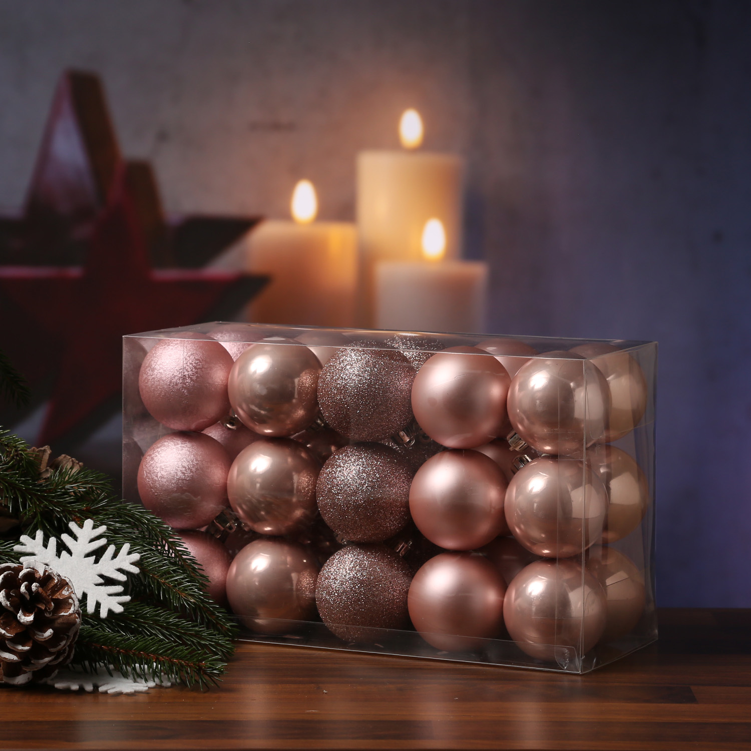 XXX Christbaumkugel - bruchfest - D: 6cm - glänzend, matt, glitzernd, gemustert - puderrosa - 30er Set