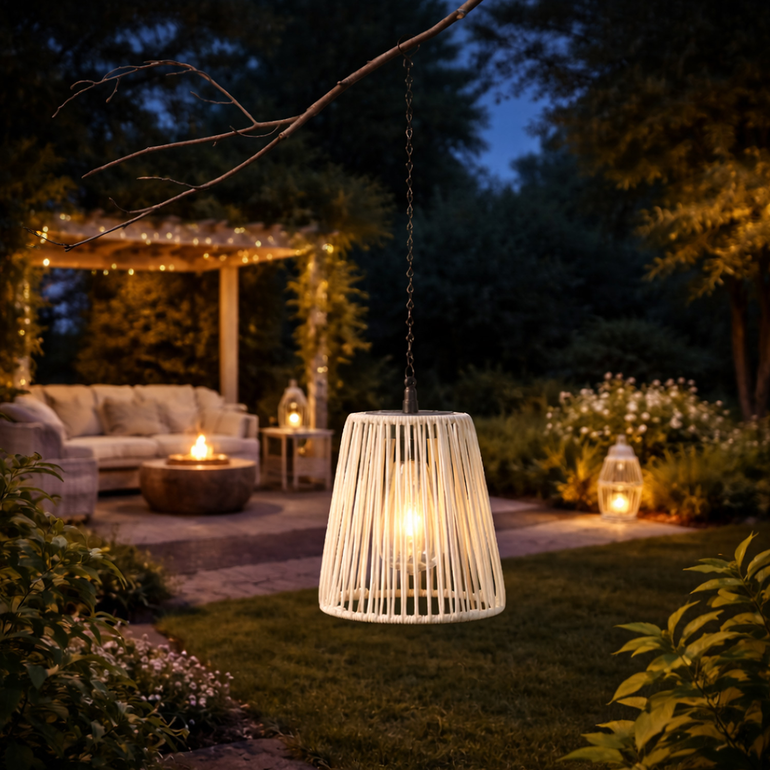 LED Solar Hängeleuchte - Kunststoffseil - warmweiße LED - H: 18cm - Lichtsensor - weiß