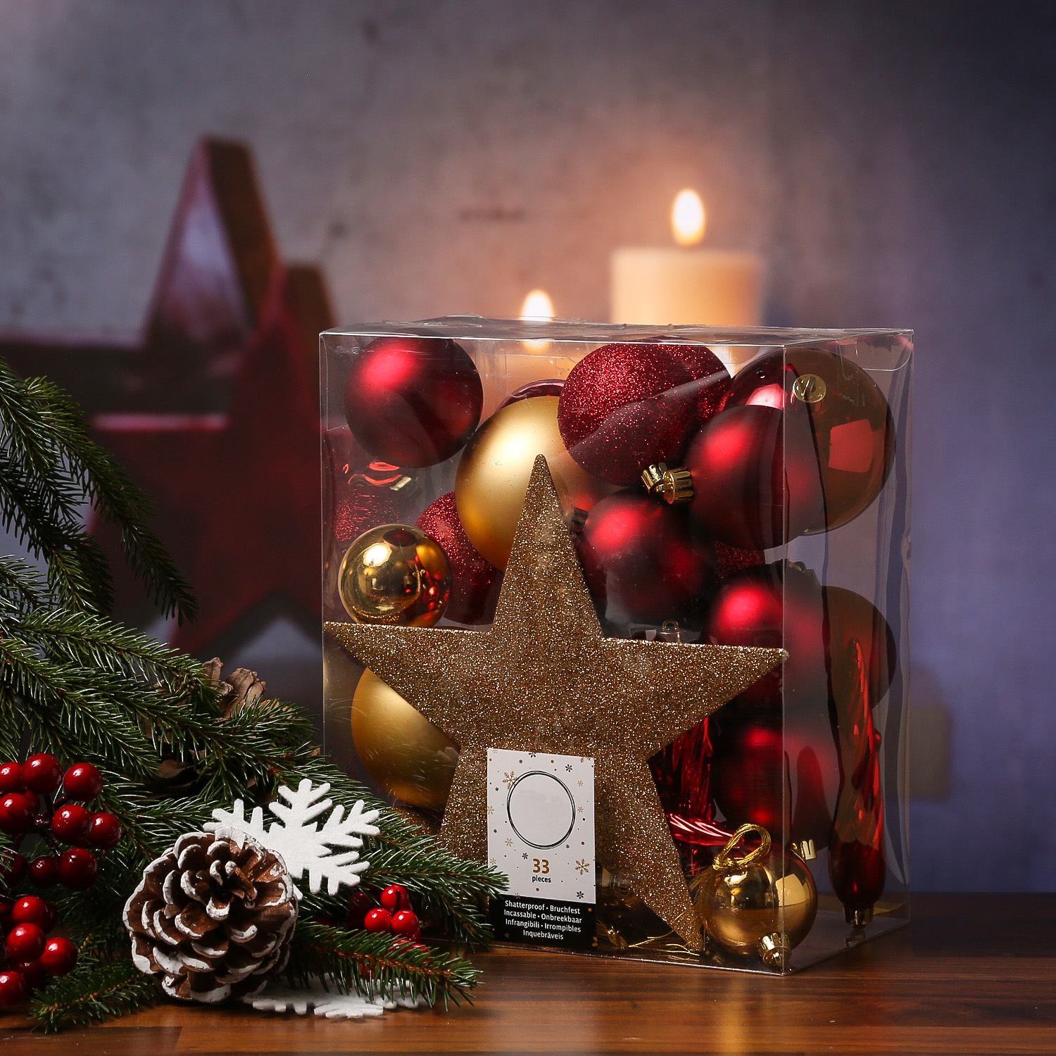 Christbaumkugel - Weihnachtsbaumkugel - bruchfest - glänzend matt glitzernd - gold, rot - 33er Set