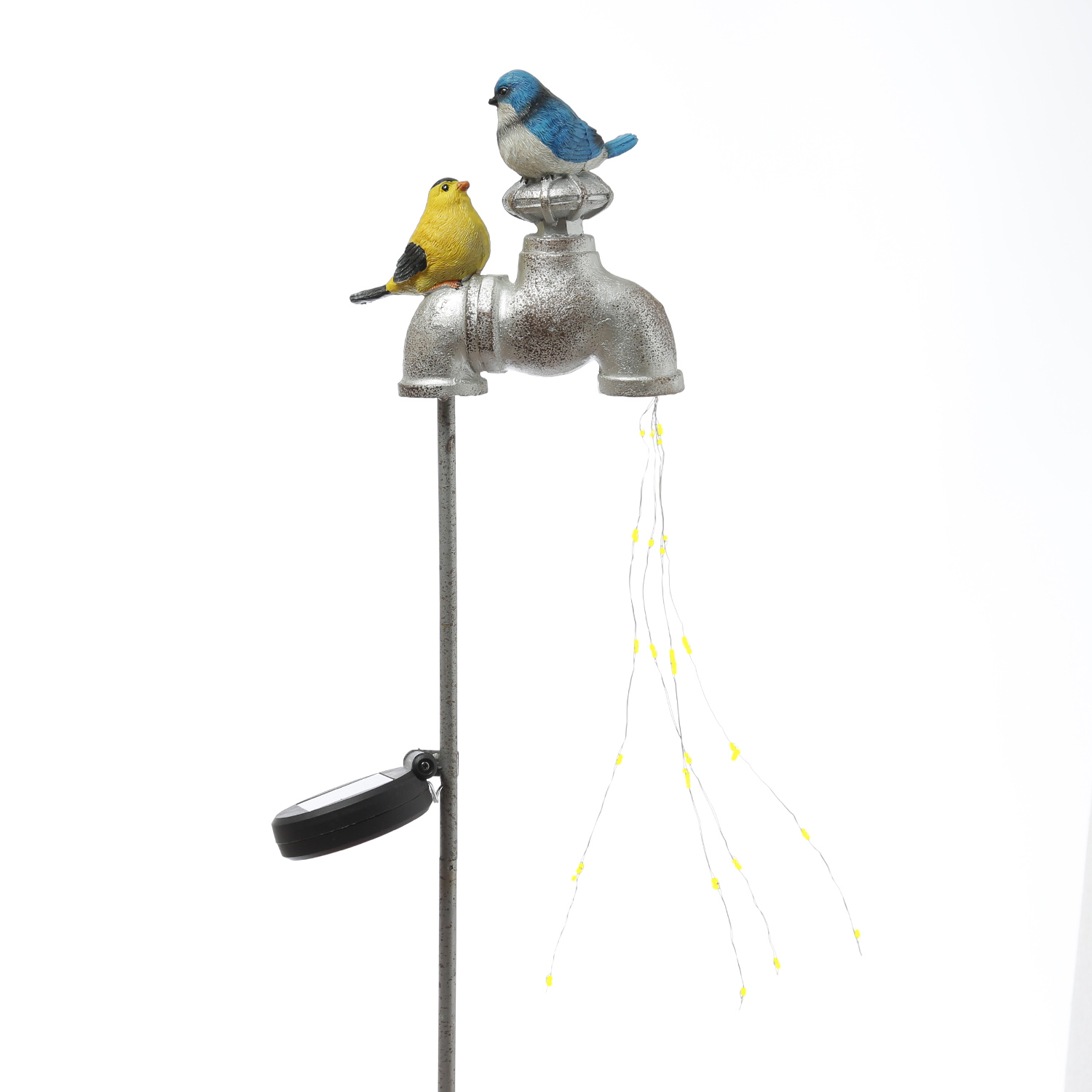 LED Solar Wasserhahn mit Lichtbündel und Vögelchen - Garstenstecker - H: 72cm - Lichtsensor