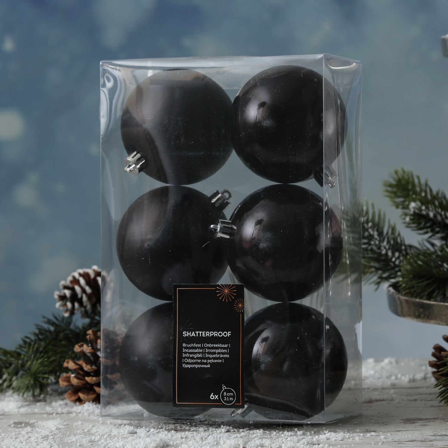 Christbaumkugeln - Weihnachtbaumskugeln - bruchfest - D: 8cm - glänzend/matt  - schwarz - 6er Set
