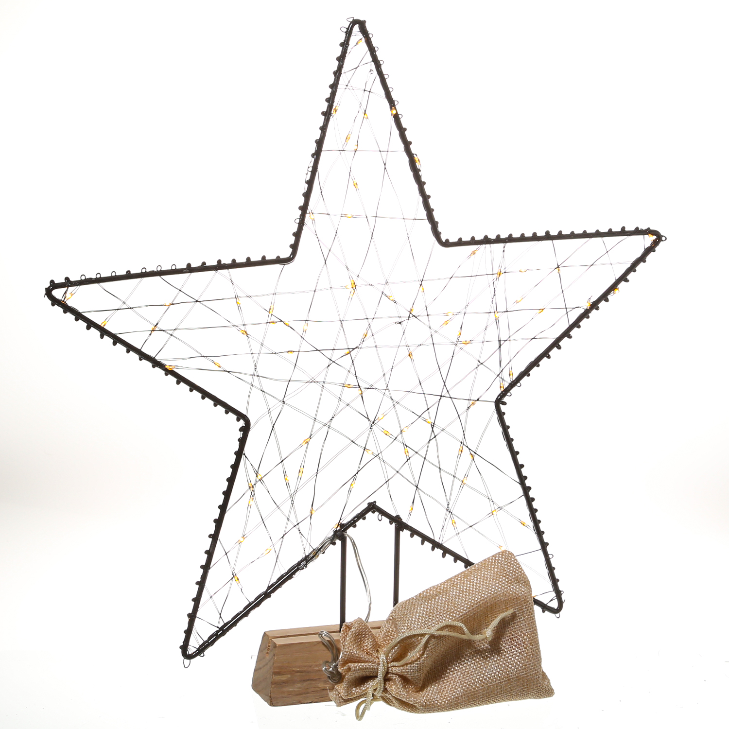 LED Metallstern - Metall und Holz - 150 bernsteinfarbene LED - H: 58cm - stehend - Timer - Batterie