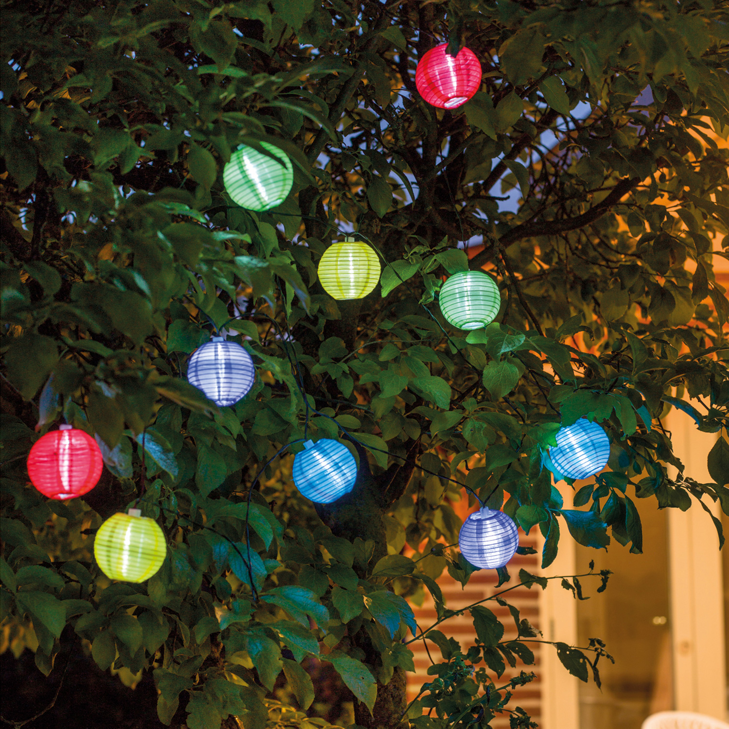 LED Solar Lichterkette LAMPION  - 10 kaltweiße LED - L: 3,92m - D: 7,5cm - Lichtsensor - bunt