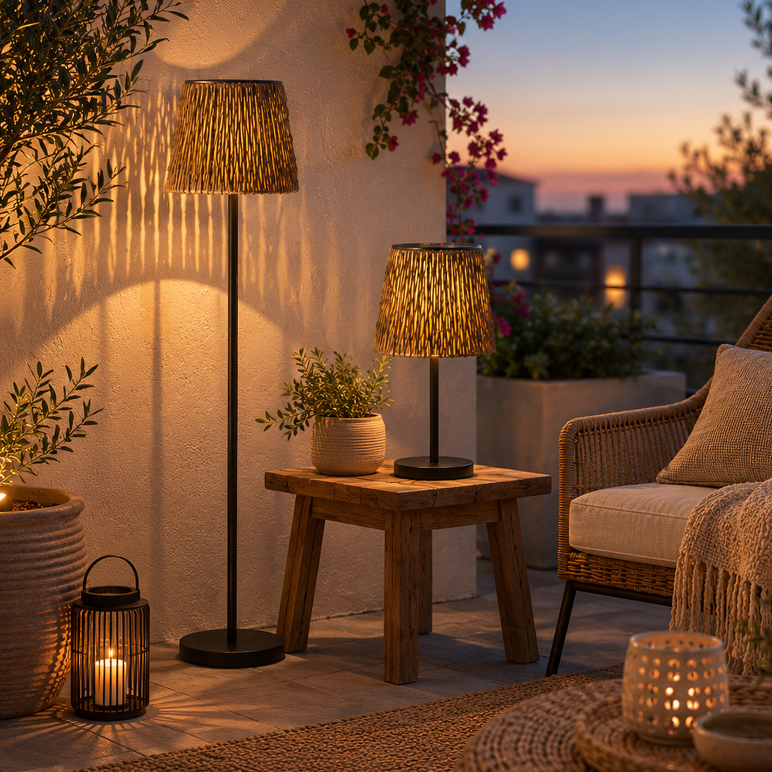 LED Solar Stehlampe in Rattan-Optik - Gartenlampe - 2 Höhenmöglichkeiten - H: 125cm - Lichtsensor