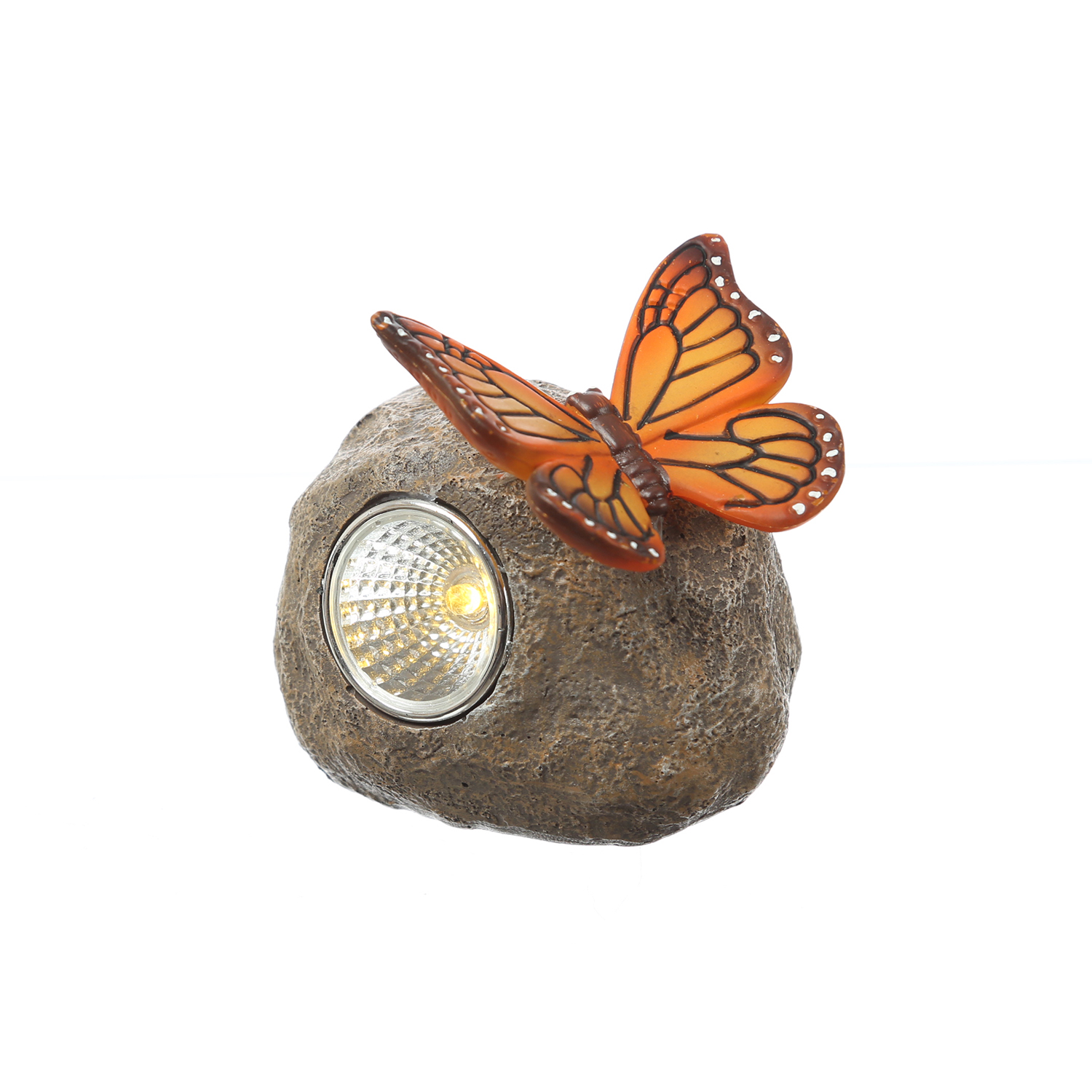 LED Solar Stein mit orangenem Schmetterling - Gartenfigur - warmweiße LED - H: 9cm - Lichtsensor